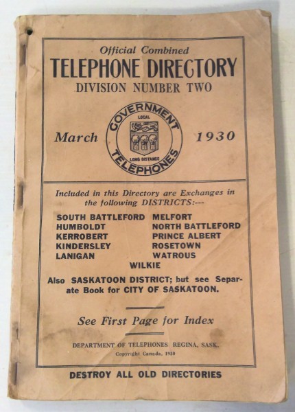 Rare 1930 Saskatchewan Division 2 Telephone Directory Book for sale